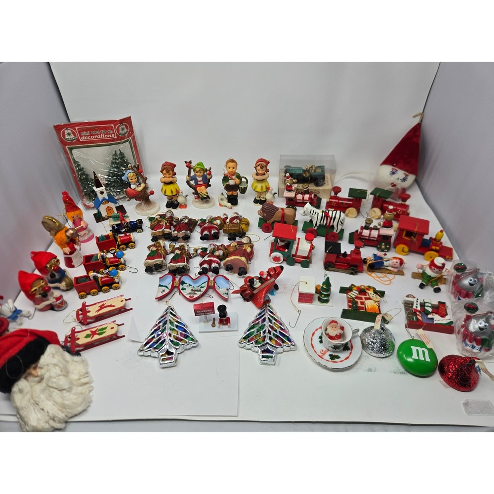 Vintage Christmas Ornament Lot Wooden Trains Ceramic Figurines Santa Decor 1960s